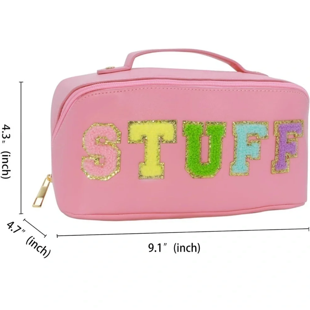 Lot of 2 Pink letter patch‎ chenille cosmetic and travel bag.